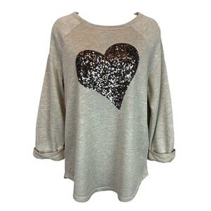 INC Sequin Heart Pull-over French Terry Sweater Top  Women's M  Heather Gray